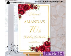 Red Roses 70th Birthday Party Welcome sign template,(16)